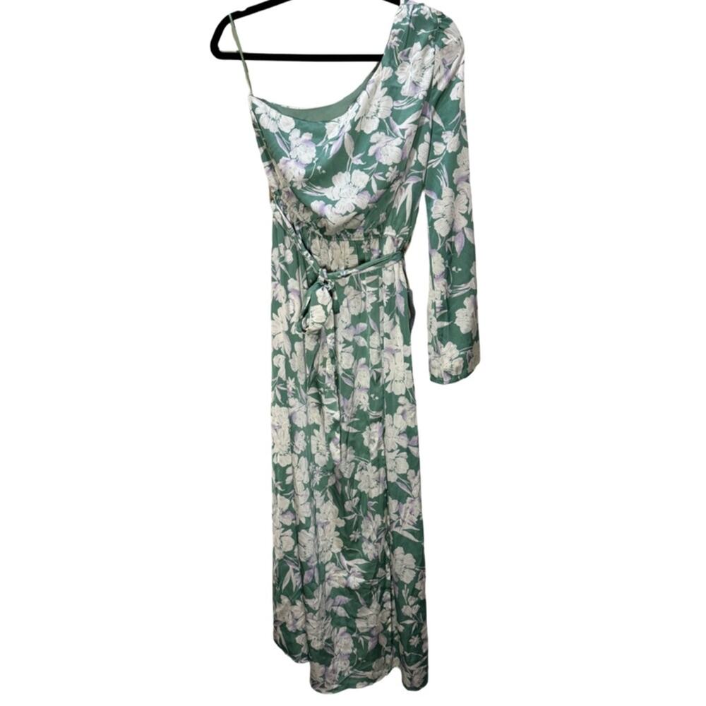 Lush Satin One Sleeve Maxi Dress - Green Floral Size M